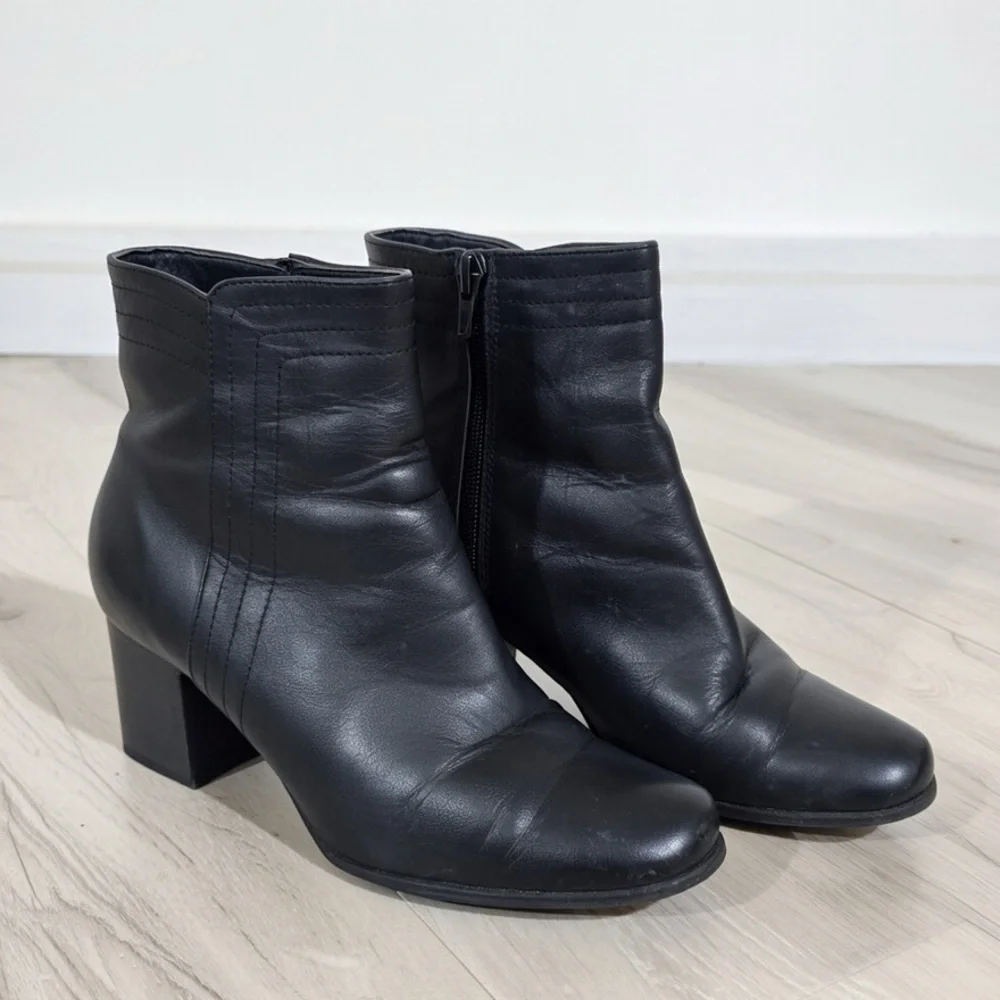 Caressa Black Genuine Leather Ankle Boots Block Heel Size 8.5